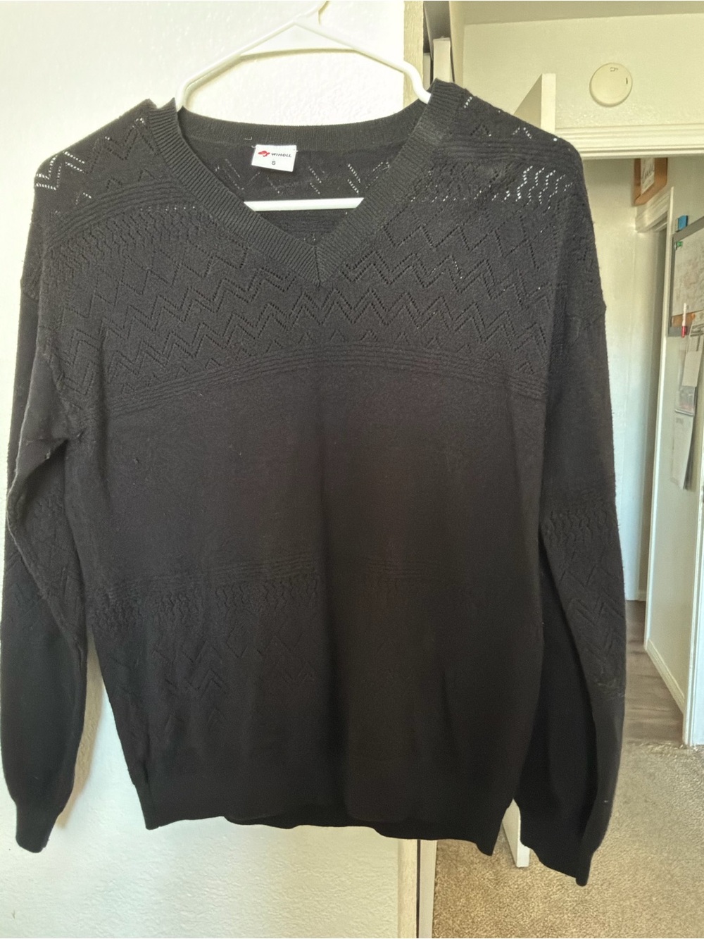WIHOLL Black Long Sleeve V-Neck Pointelle Knit Sweater - Size Small